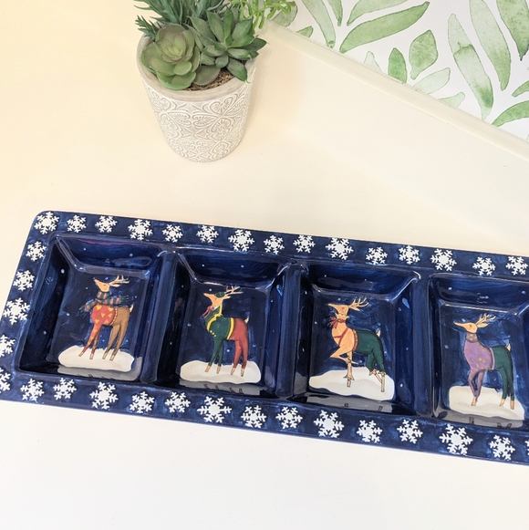 Rebecca Ruegger CIC Reindeer Serving Platters Blue Christmas Theme Rectangular - Picture 2 of 6